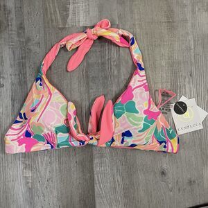 Cyn & Luca Womens L Peach Multi Halter Tie Front Bikini Top